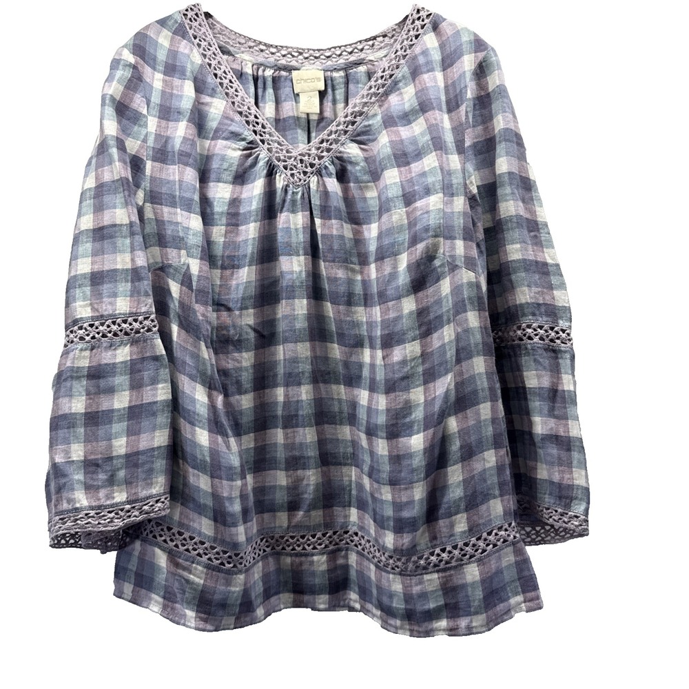 Chicos Women Top Size 2 L Blue Purple Lace Bell 3/4 Sleeve 100% Linen Check